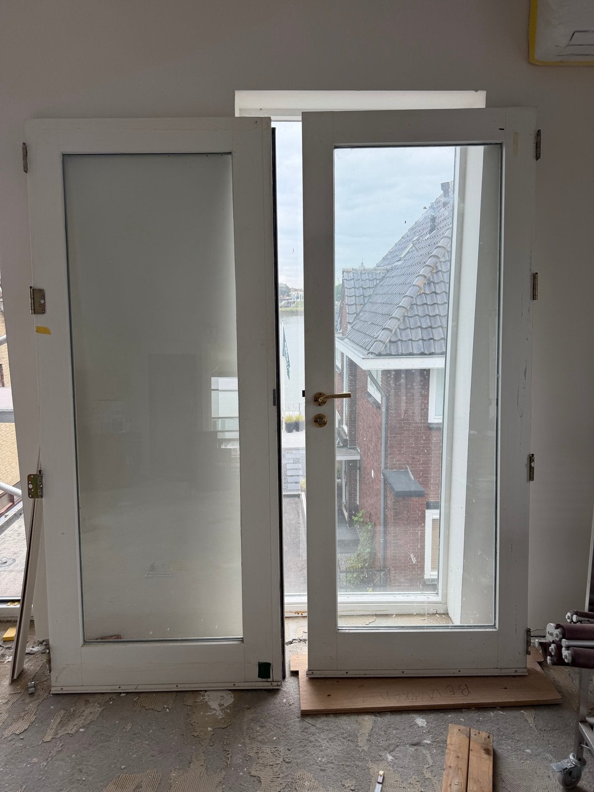 Gebruikte dubbele hardhouten balkondeuren met dubbel glas, Ophalen, Gebruikt, Buitendeur, Hout