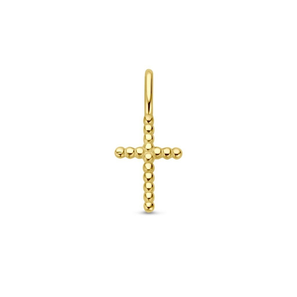 Gouden mini Kruis hangertje met bolletjes - 14 karaat goud, Nieuw, Ophalen of Verzenden, Kruis of Symbool, Goud