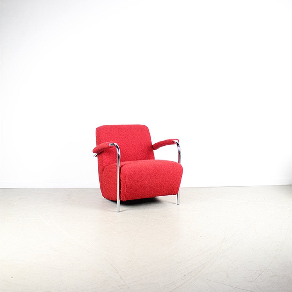 2x Leolux Scylla Fauteuil Laag Rood Stof – Chroom