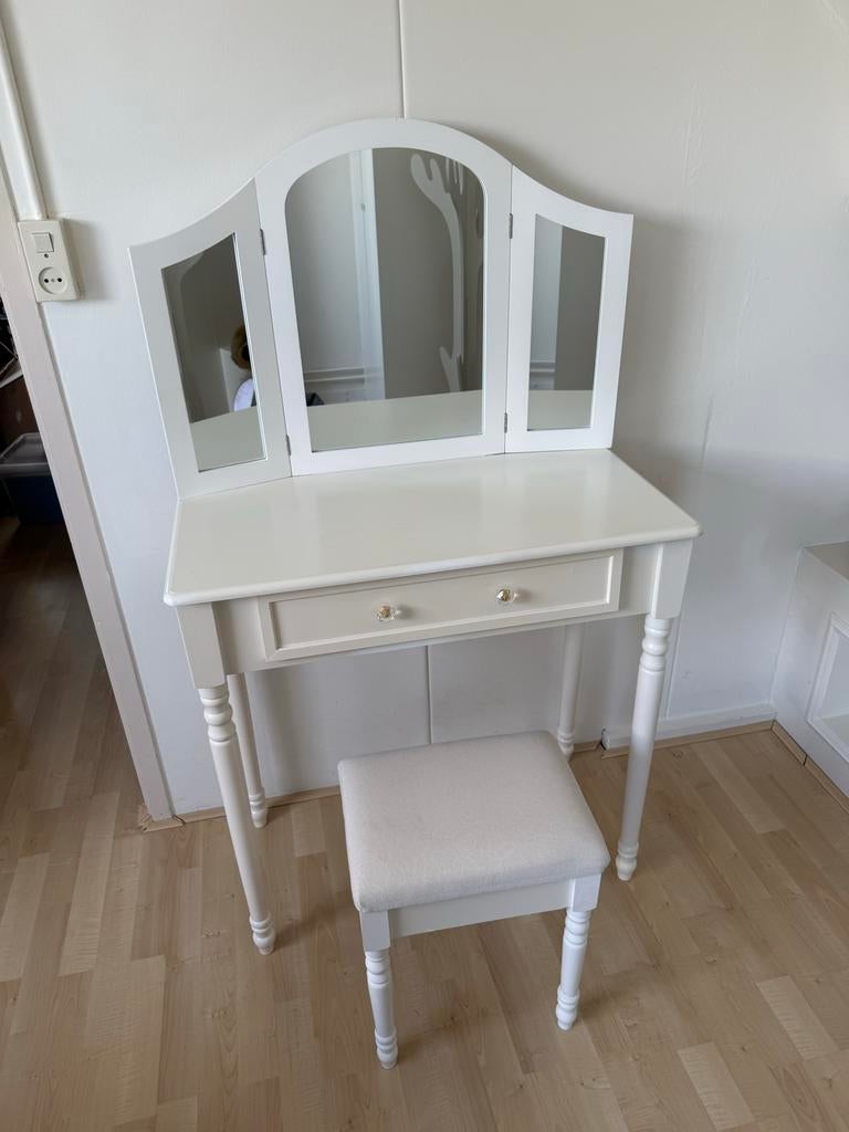 Witte kaptafel met spiegel en krukje, Ophalen, Gebruikt, 100 tot 150 cm, 100 tot 150 cm