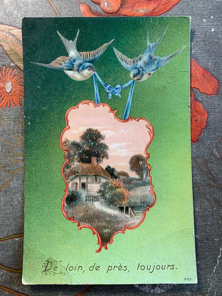 1909 De loin, de près, toujours - zwaluw, Verzamelen, Ansichtkaarten | Themakaarten, Ophalen of Verzenden, Voor 1920, Gelopen