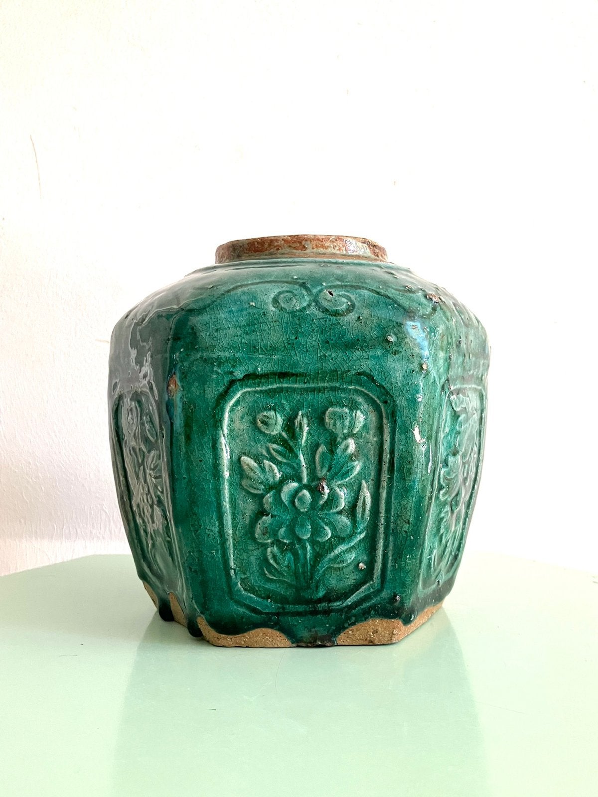 XL Grote antiek vintage gemberpot groen keramiek vaas pot, Ophalen