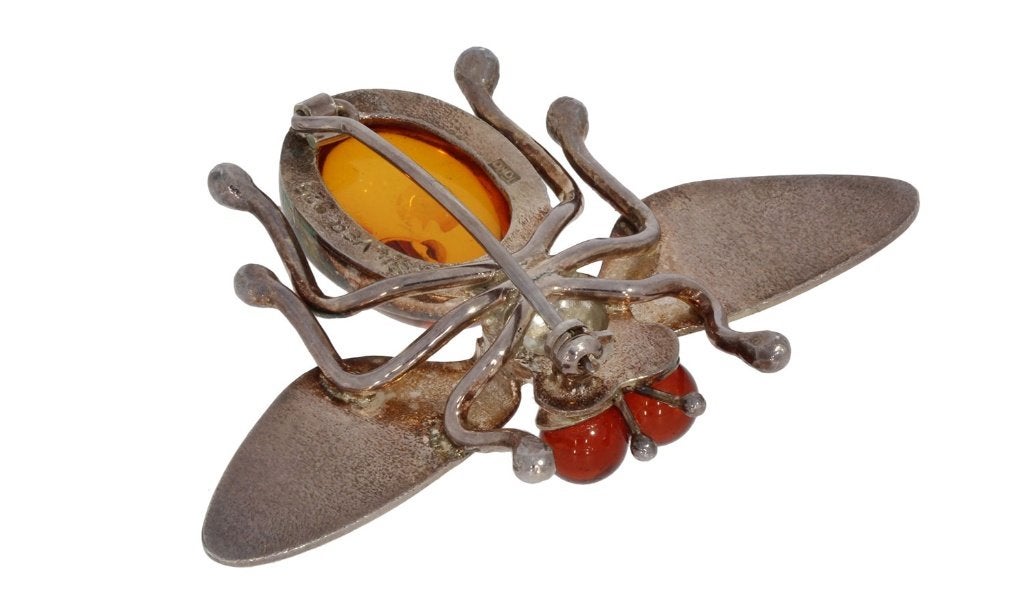 Barnsteen vlieg bij zilveren vintage broche handgemaakt, Ophalen of Verzenden, Zilver, Broche, Met edelsteen