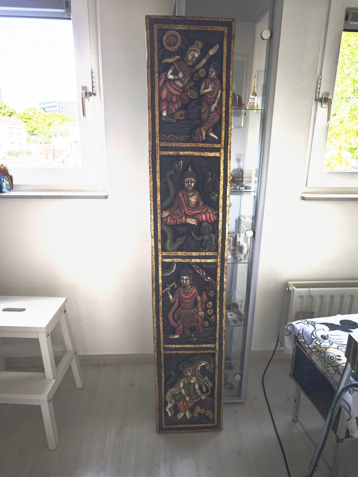 Antiek Indonesisch Houten Paneel met Boeddhistische Scènes, Ophalen