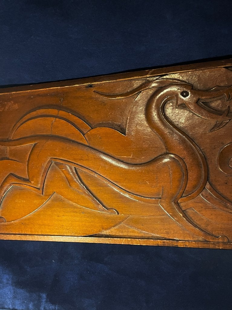 Fraaie draken voorstelling hout gestoken paneel Art Deco, Houtsnijwerk, Art deco, Ophalen of Verzenden, Gepatineerd