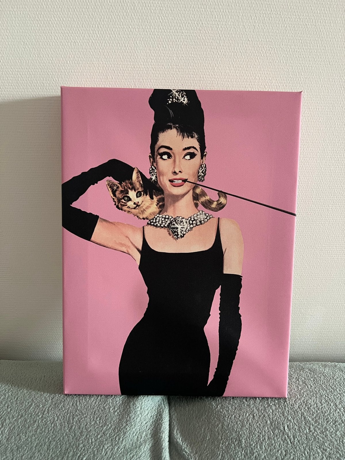 Audrey Hepburn met kat - Canvas schilderij, Antiek en Kunst, Kunst | Schilderijen | Modern, Figuren, Ophalen of Verzenden, Print