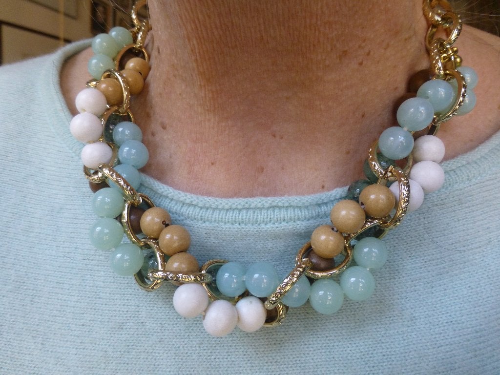 Collier gevlochten snoeren Hout Edelsteen Glas + GT Schakels, Sieraden, Tassen en Uiterlijk, Bruin, Verzenden, Nieuw, Steen of Mineraal