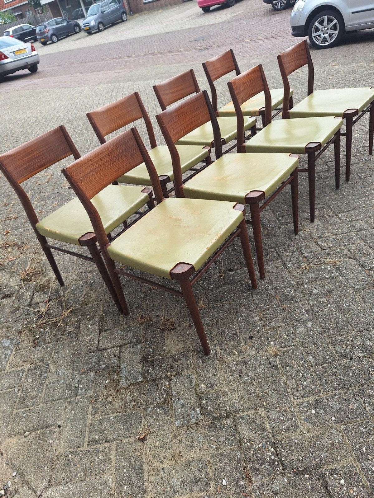 8 tuigleren teak stoelen vintage, Huis en Inrichting, Stoelen, Ophalen, Gebruikt, Bruin