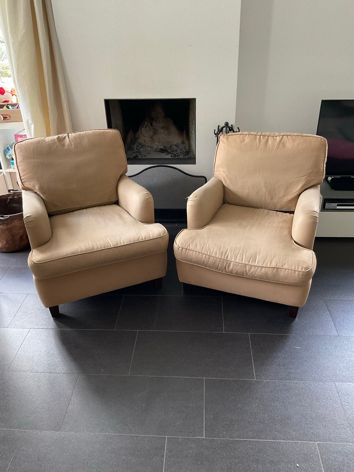 Twee comfortabele stoffen fauteuils - beige, Huis en Inrichting, Fauteuils, Ophalen, Gebruikt, 75 tot 100 cm, 75 tot 100 cm