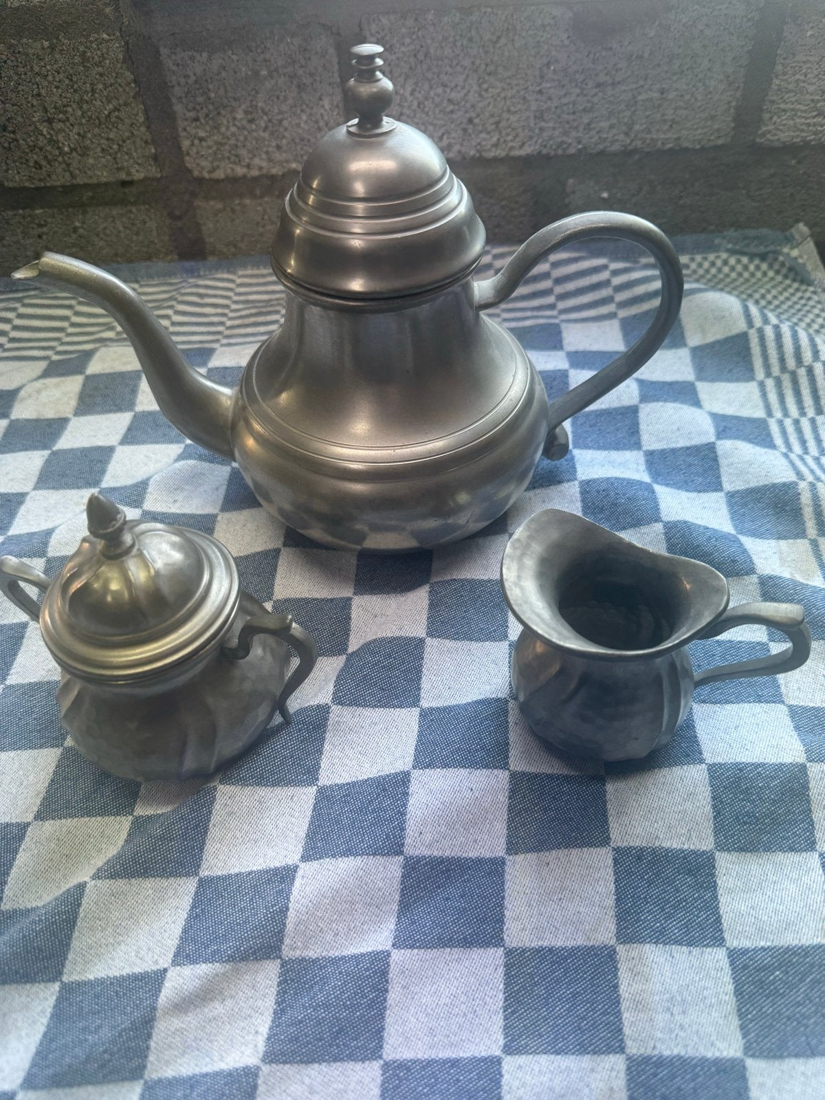 Antiek tinnen theeservies - theepot, suikerpot, melkkan, Ophalen of Verzenden