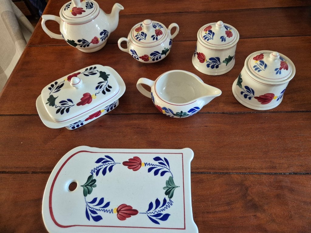 Boerenbont suikerpot - botervloot - kannetje - snijplank, Huis en Inrichting, Keuken | Servies, Ophalen of Verzenden, Zo goed als nieuw