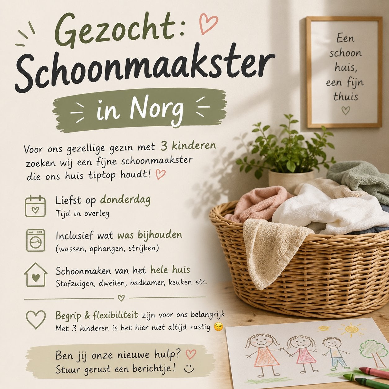 Gezocht schoonmaakster in Norg (vanaf oktober), Schoonmaken woning