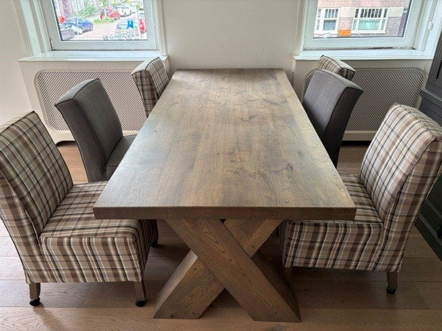 Eikenhouten Eleonora eettafel 220x100cm met 6 stoelen, Ophalen, Eikenhout, 200 cm of meer, 50 tot 100 cm