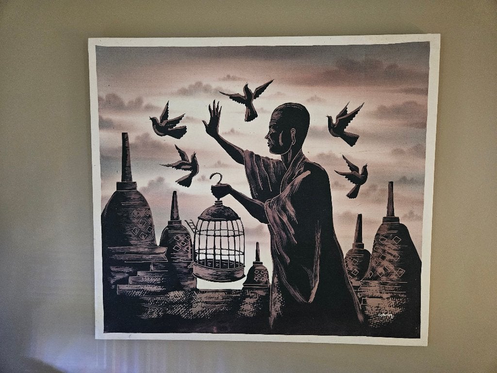 Groot Indonesisch batikkunstwerk – Borobudur – 80 x 88 cm, Ophalen, Gesigneerd, Zwart, Indonesië