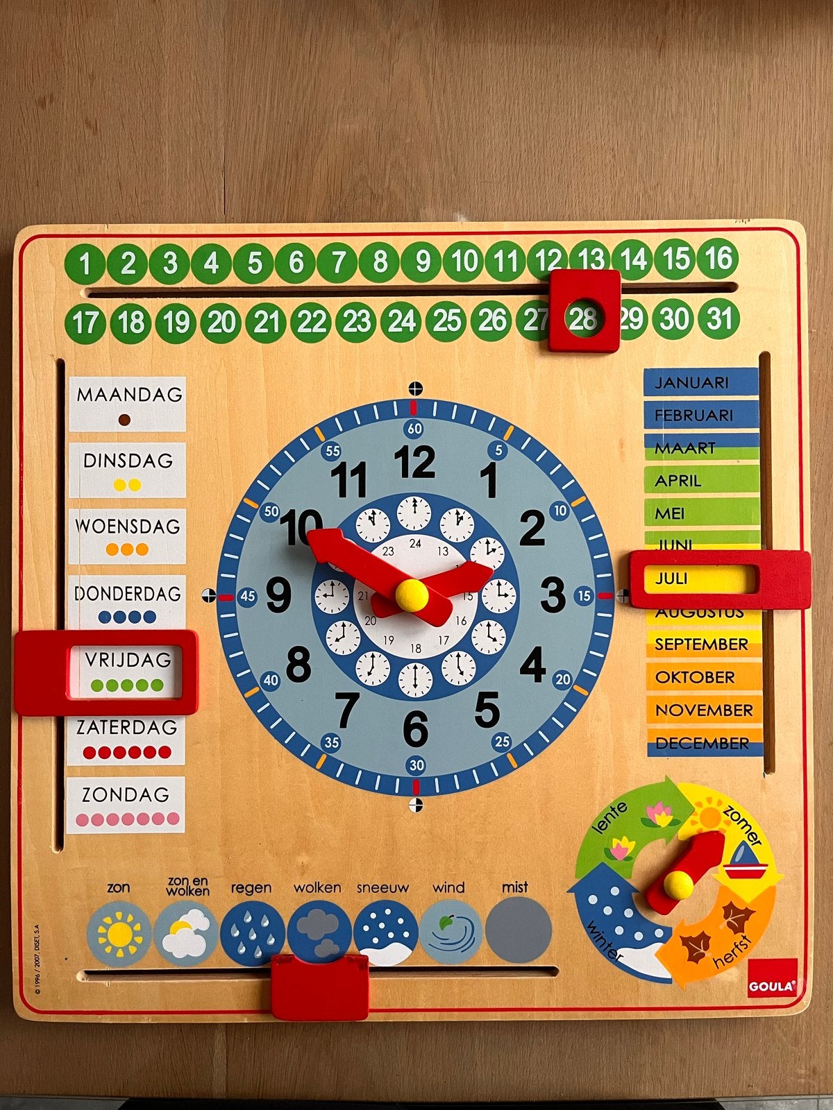 Houten leerklok/kalender voor kinderen, Ophalen, Analoog, Wandklok, Gebruikt