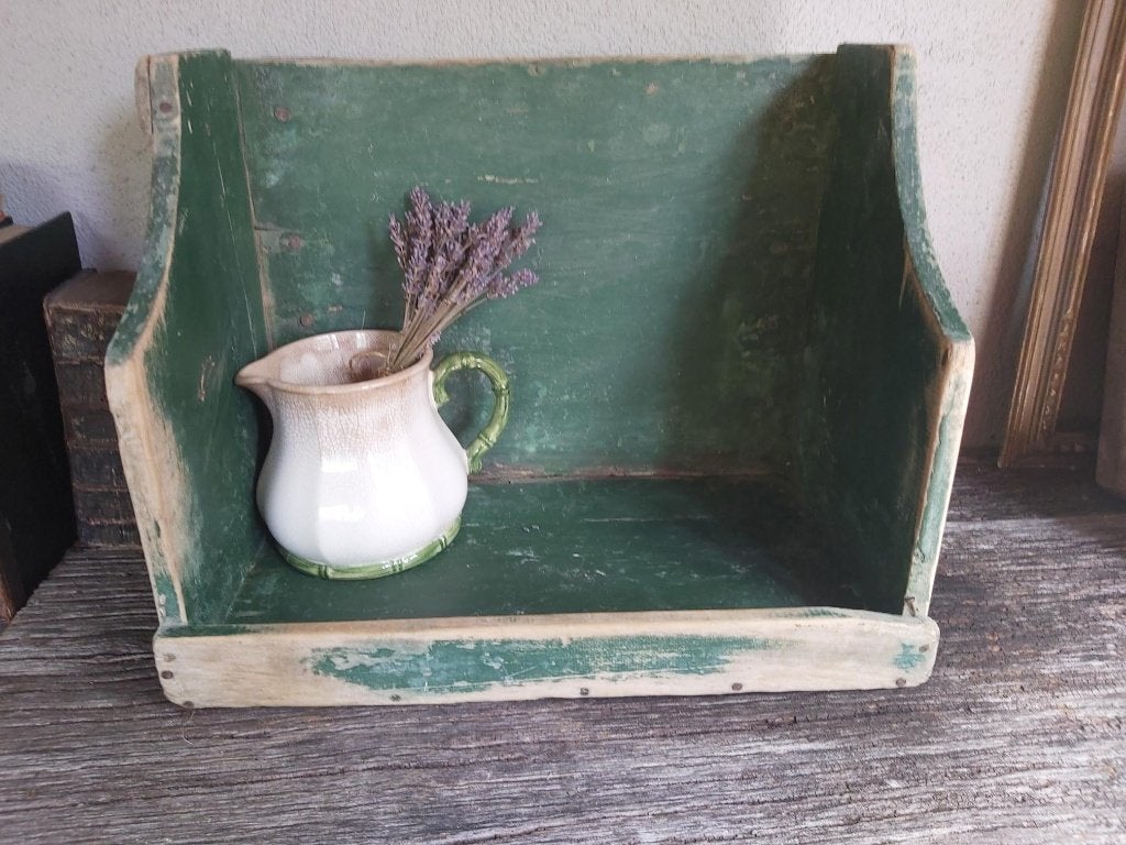 Decoratieve oude franse houten knielbak / bak sleets groen, Ophalen of Verzenden