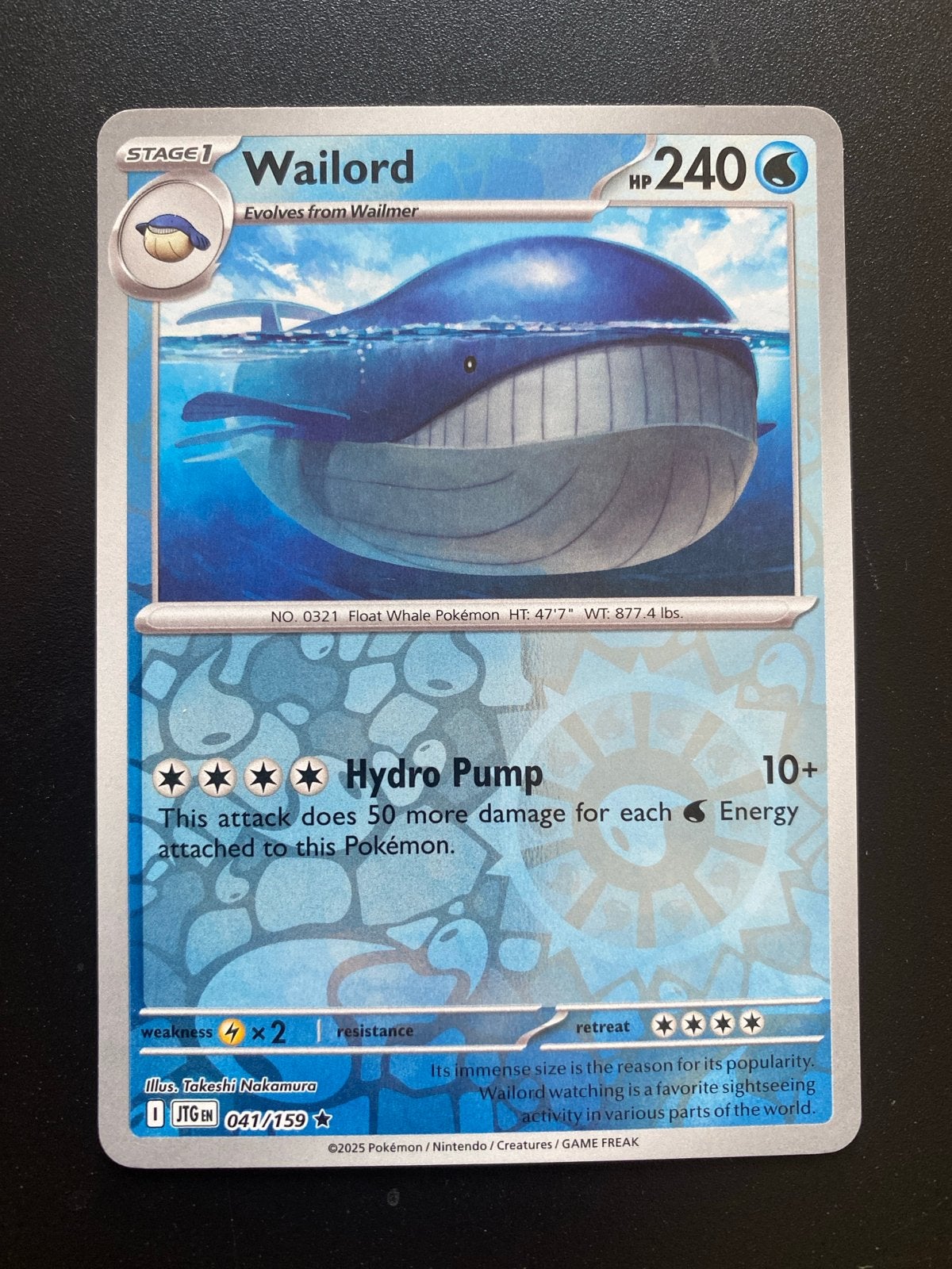 Wailord 041/159 Rare Reverse Holo Journey Together, Ophalen of Verzenden, Zo goed als nieuw, Losse kaart, Foil