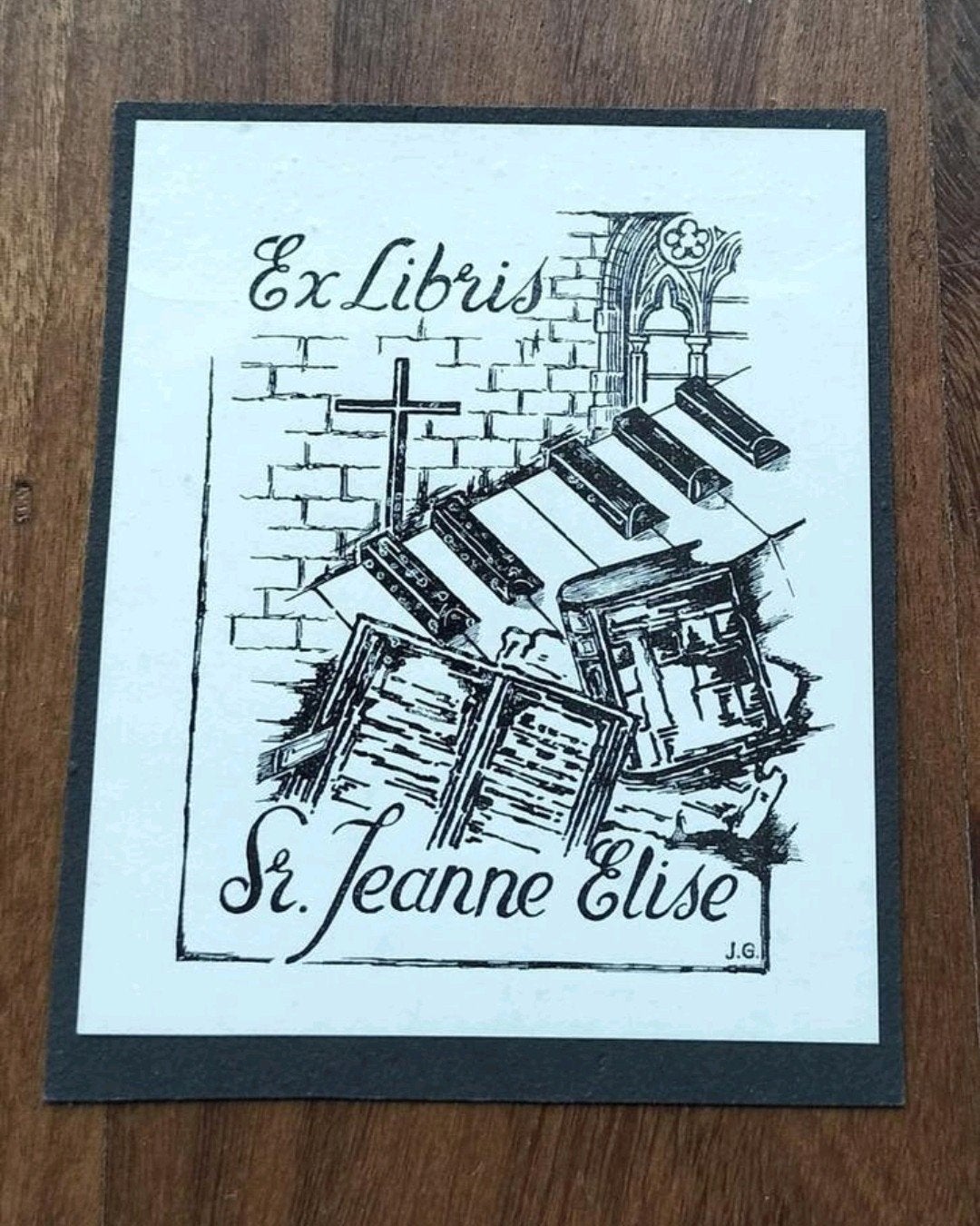 Exlibris Sr. Jeanne Elise (religieuze symbolen, muziek), Antiek en Kunst, 7 cm, 9 cm, Origineel, 1900 - 1949