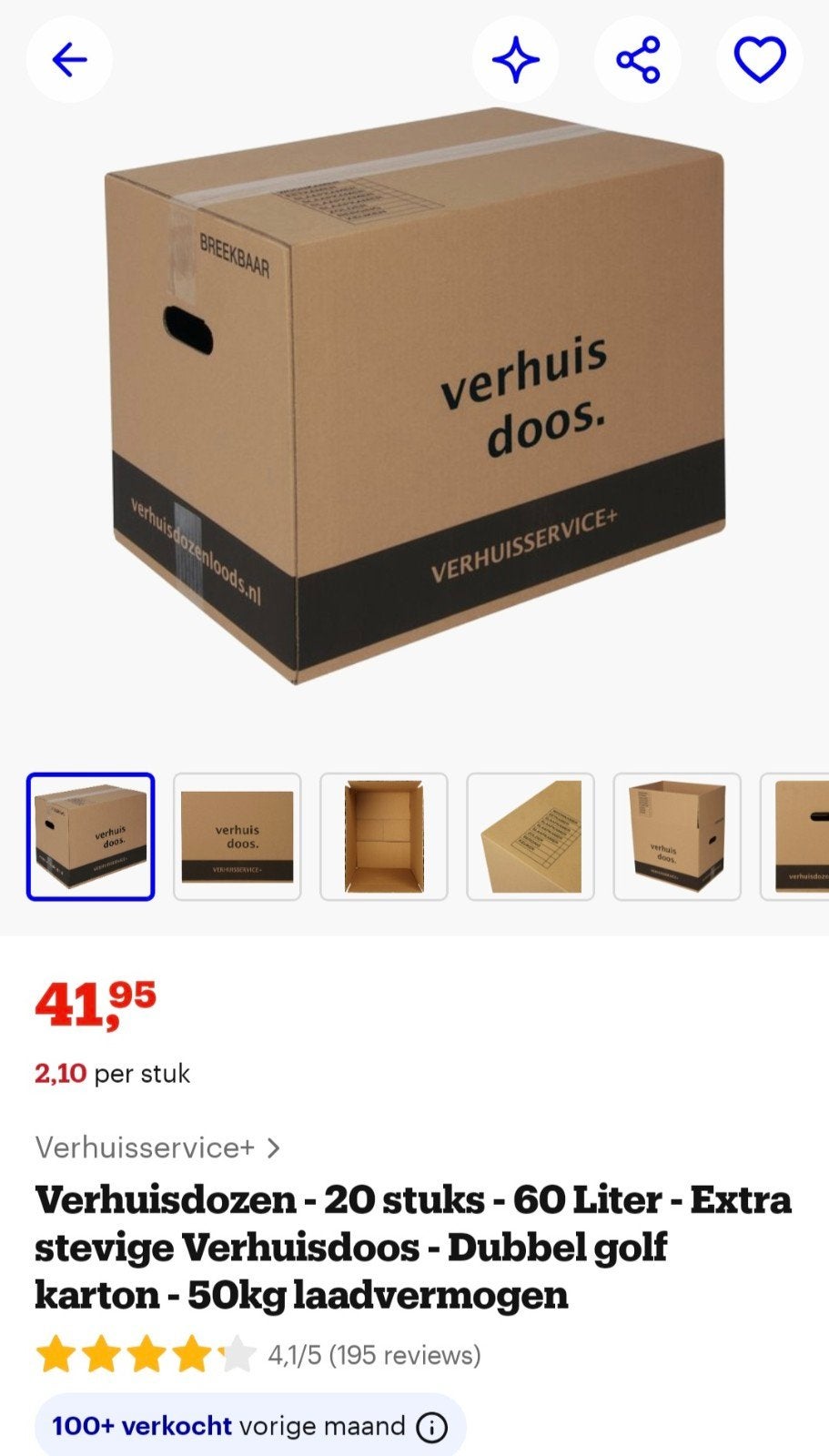 Verhuisdozen - 31 stuks - 60 Liter - Extra stevig, Ophalen, Doos, 40 tot 60 cm, 50 tot 75 cm