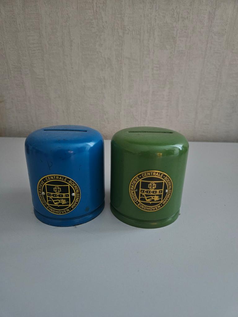 Vintage spaarpotten (2 stuks) - Centrale Boerenleenbank, Ophalen, Gebruikt, Metaal of Blik, Object of Gebouw