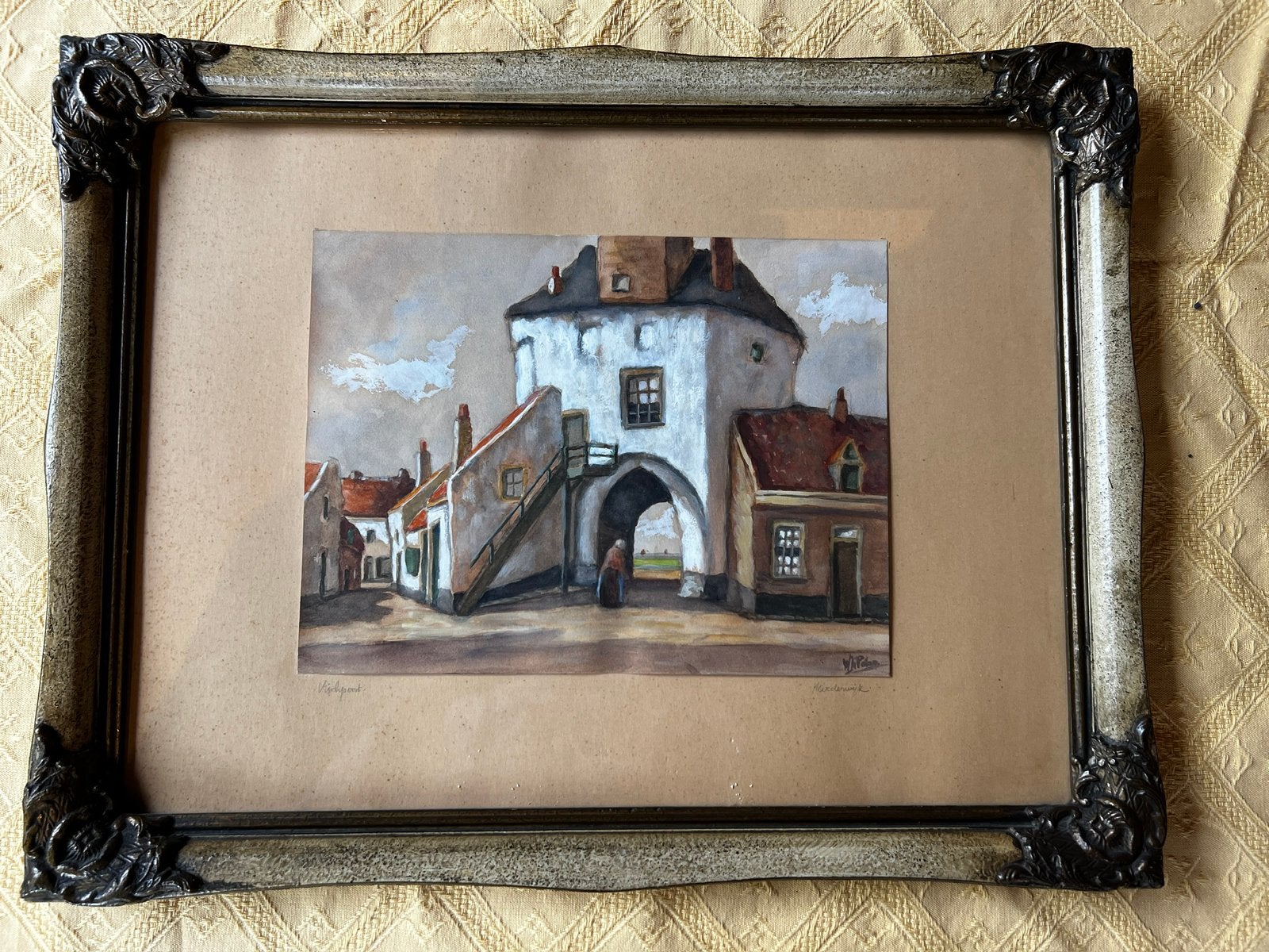 Aquarel of Gouache “Vischpoort Harderwijk”., Gouache, Nederlandse school, Bijzondere lijst, Ophalen of Verzenden