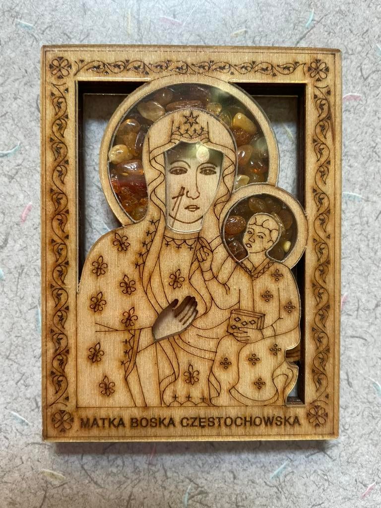 ~.~ Icoon van Madonna van Częstochowa ~ hout, magneet ~.~, Ophalen of Verzenden, Zo goed als nieuw, Overige typen, Christendom | Katholiek