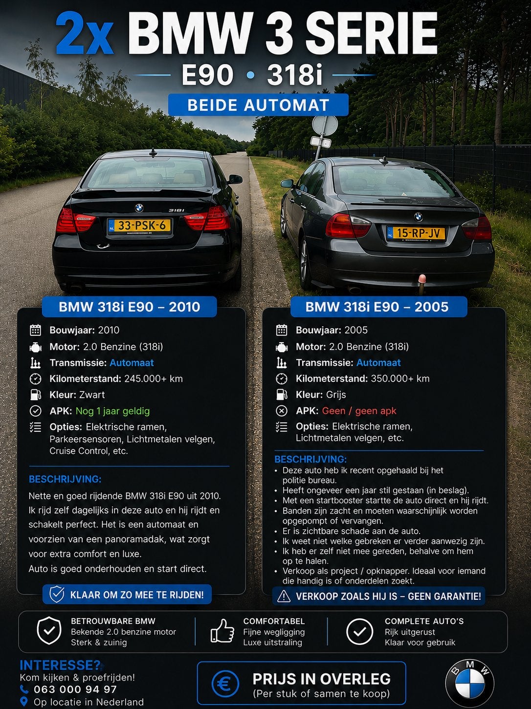 BMW 3-Serie 2.0 318 AUT 2010 Zwart & bmw 3-serie 2005 grijs, Auto's, Automaat, 1995 cc, Zwart, 1365 kg