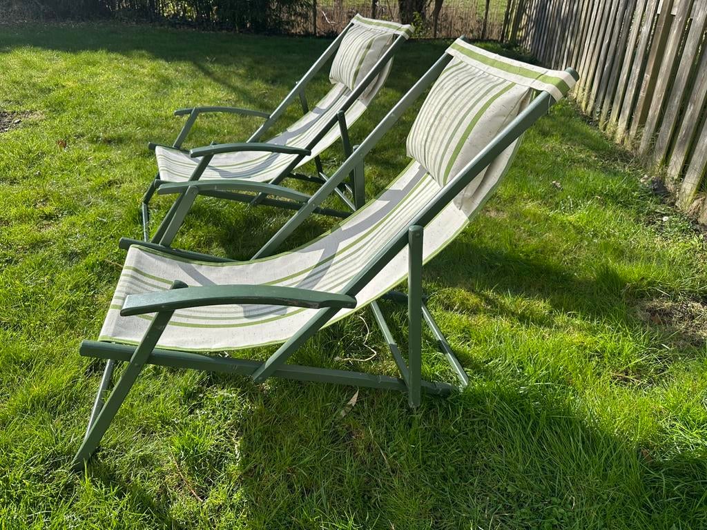 Set van 2 terras tuin strand relaxstoelen hout jaren / 80, Ophalen, Hout, Inklapbaar
