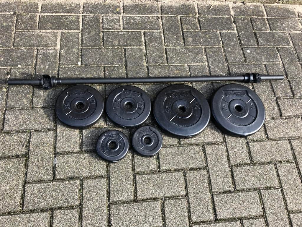 Les mills bodypump set stang met gewichten, Sport en Fitness, Fitnessmaterialen, Gebruikt, Ophalen of Verzenden, Bodypump, Halterset
