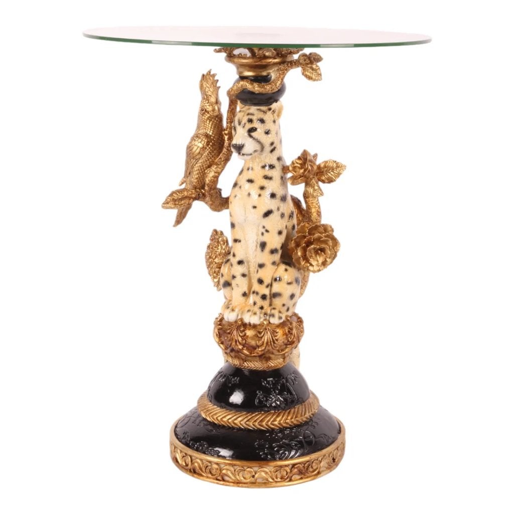[Woonwinkel] Bijzettafel luipaard resin 51 cm, 45 tot 60 cm, Rond, Nieuw, Ophalen of Verzenden