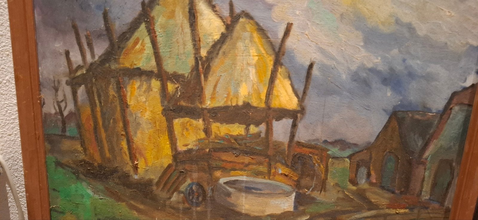 Olieverf op board - Hooimijten Landschap '62, Antiek en Kunst, Ophalen of Verzenden