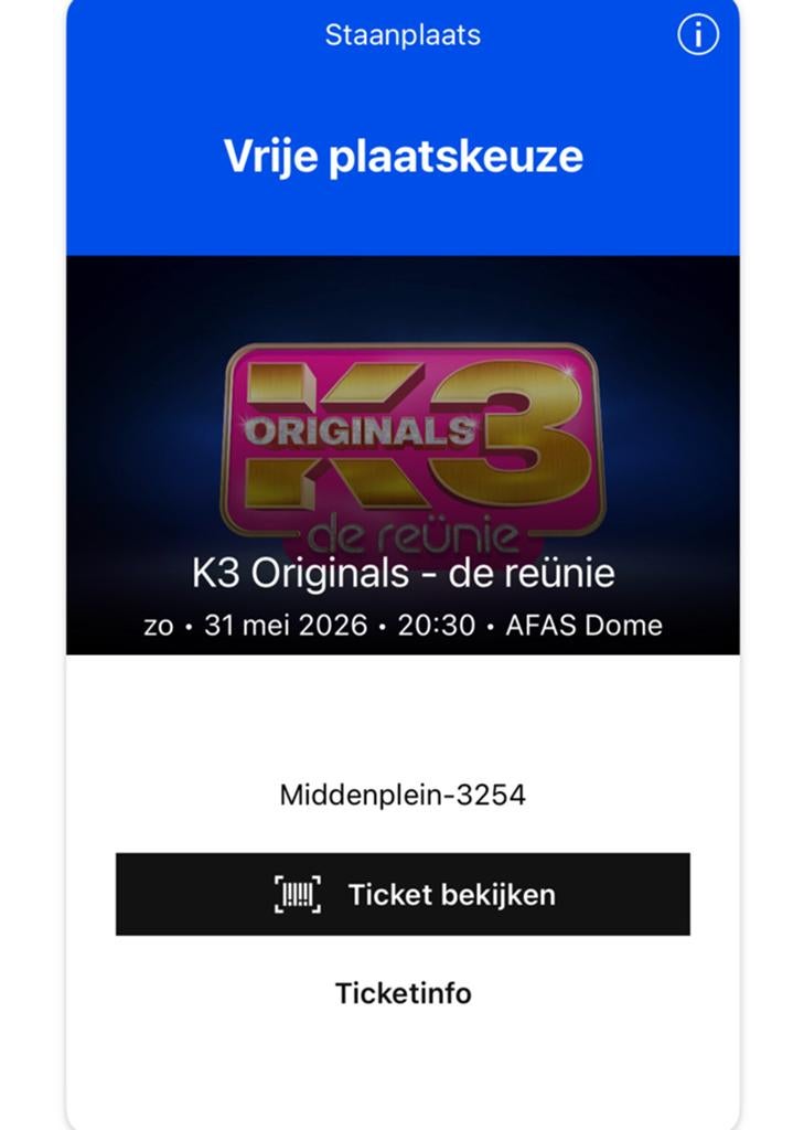 K3 originals reunie. 31 mei Afas Dome, Tickets en Kaartjes, Eén persoon, Mei
