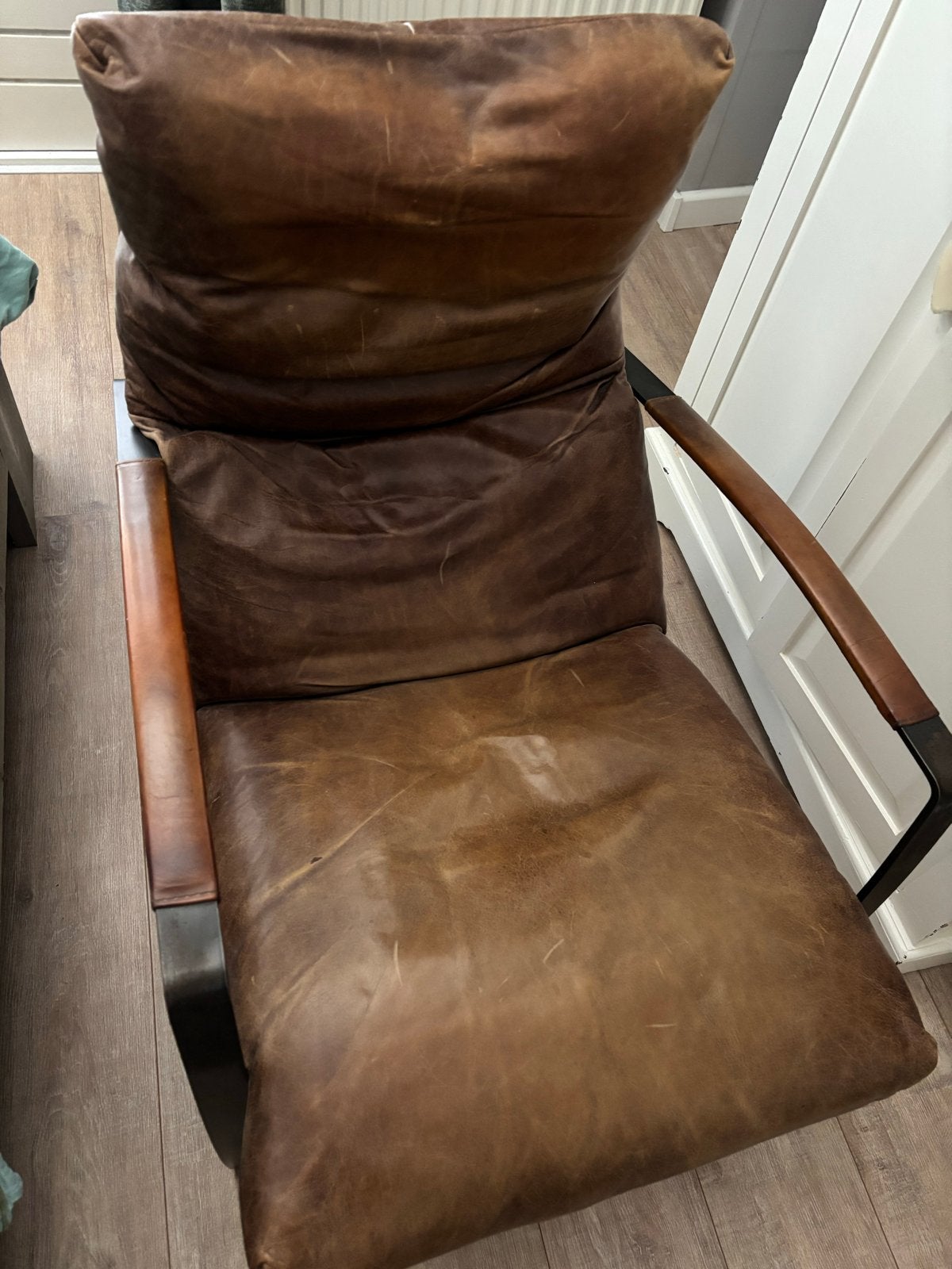 Comfortabele leren fauteuil - industrieel design, Huis en Inrichting, Ophalen, Gebruikt, Minder dan 75 cm, Leer