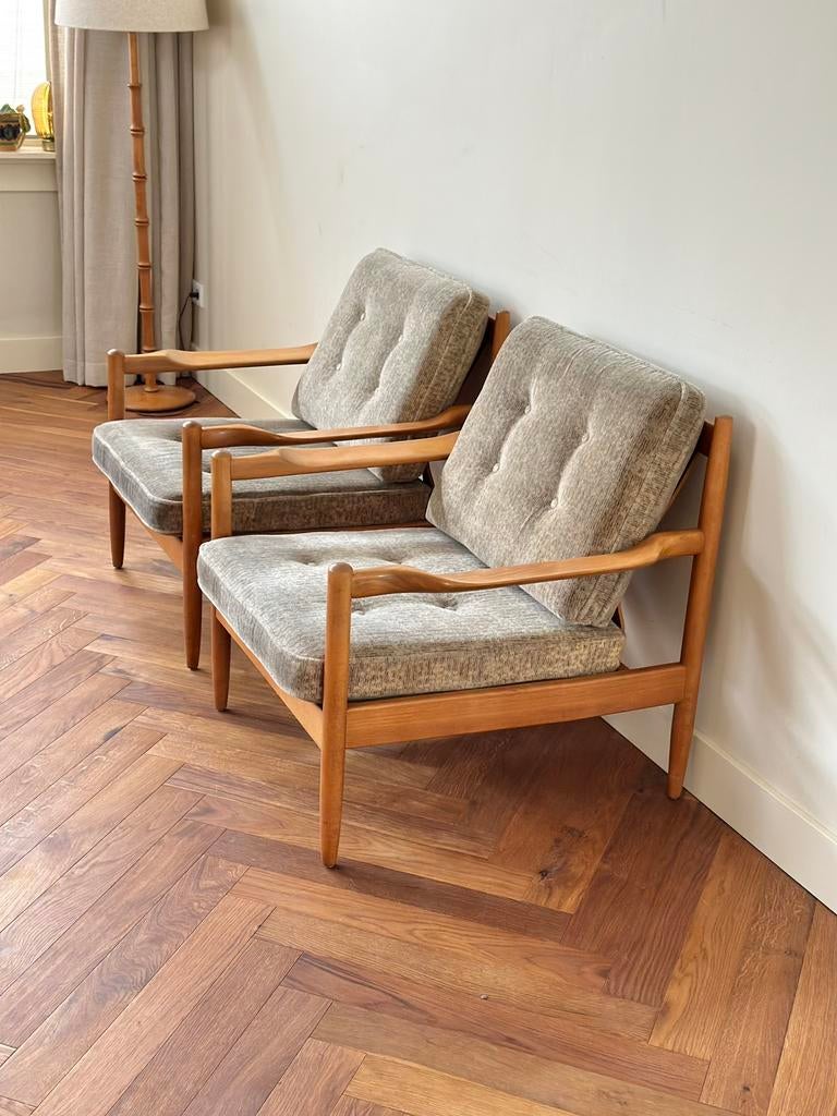 2 Vintage fauteuils Deens design hout stof jaren 50/60/70, Ophalen, Gebruikt, Vintage, 75 tot 100 cm