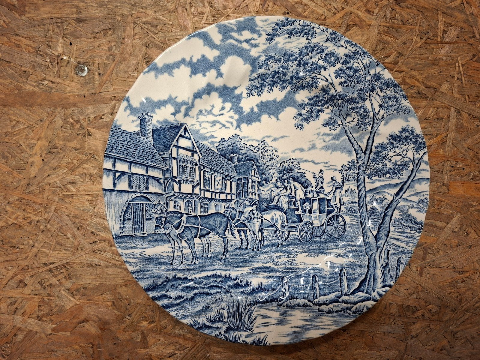 Vintage blauw wandbord paarden, paard en wagen, Antiek en Kunst, Antiek | Wandborden en Tegels, Ophalen of Verzenden