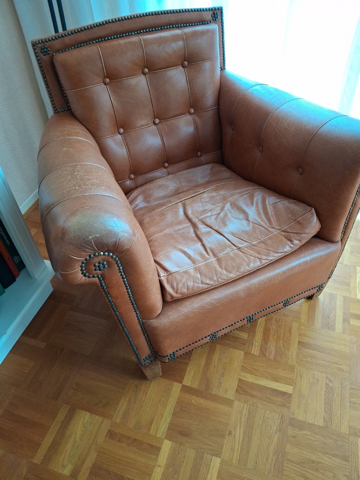 antieke Engelse stoel fauteuil vintage leer, Ophalen, Gebruikt, 75 tot 100 cm, 50 tot 75 cm