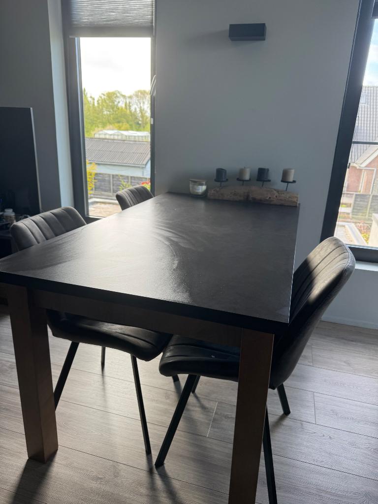 Prachtige Eettafel, Salontafel, Stoelen Donkergrijs/Eiken, Ophalen, 100 tot 150 cm, Eikenhout, 50 tot 100 cm