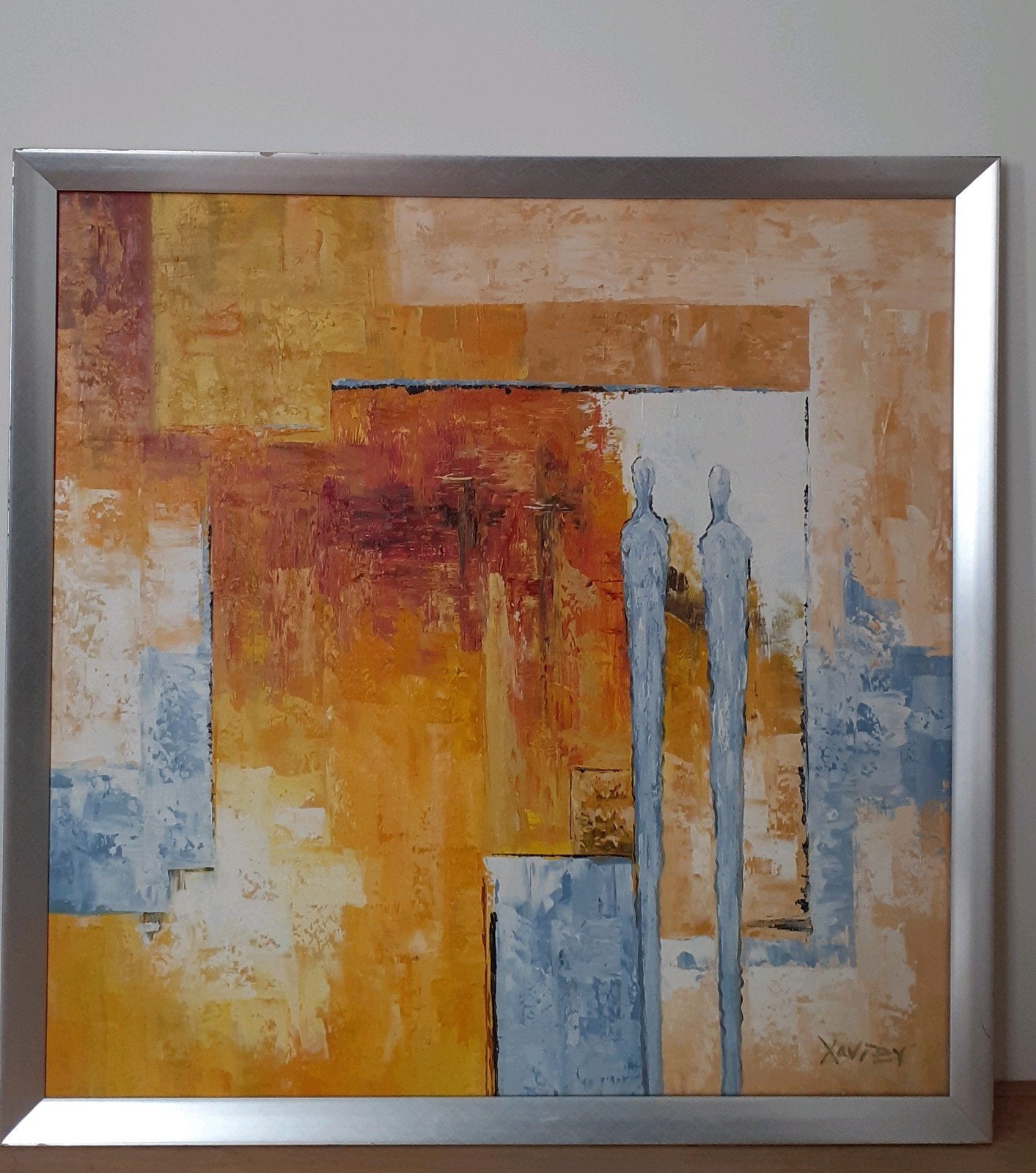 Abstract Kleurrijk Schilderij met Zilveren Lijst Xavier, Antiek en Kunst, Ophalen