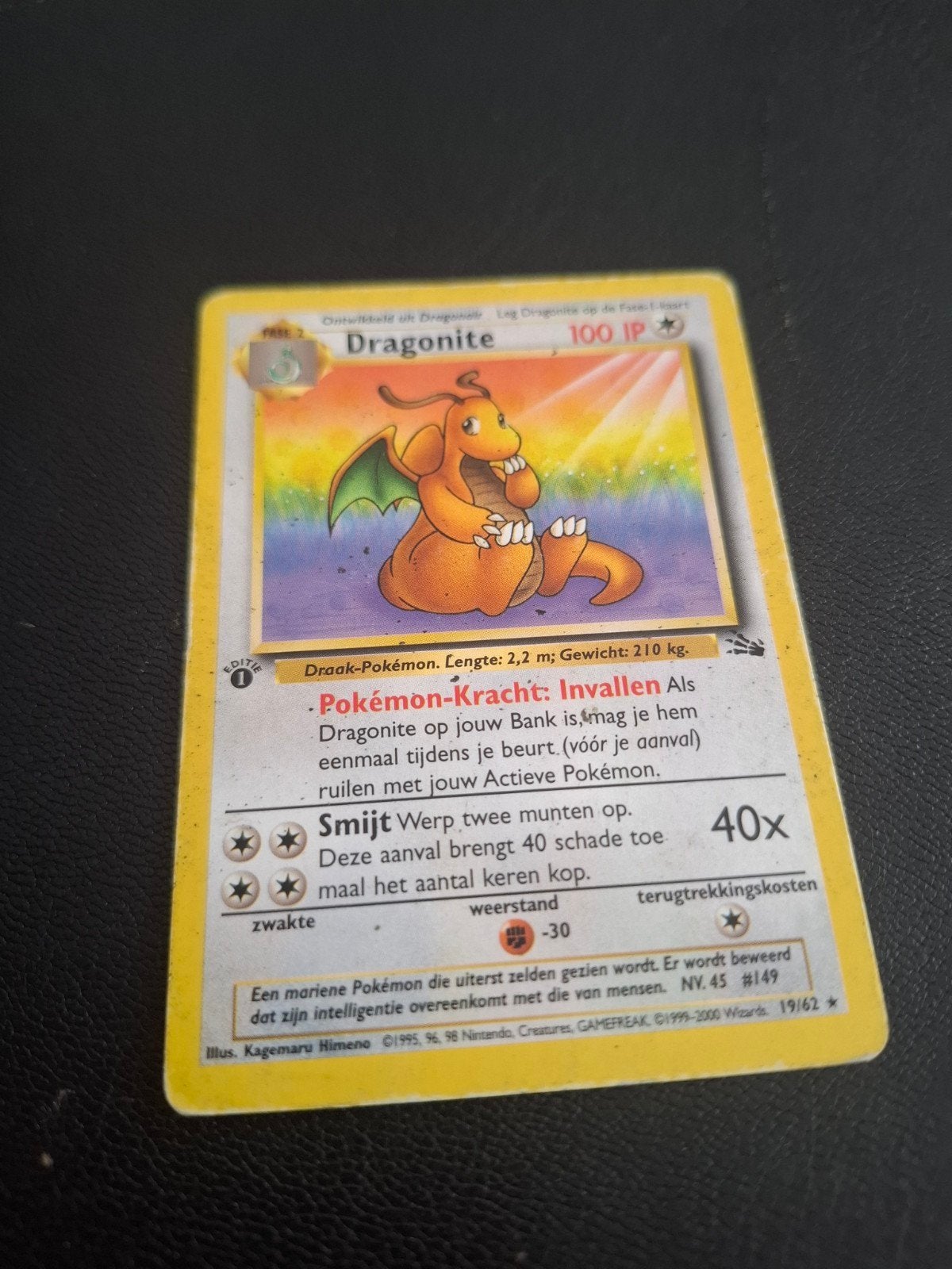 Dragonite Pokémon Kaart 19/62 - Oude Generatie, Ophalen of Verzenden, Gebruikt, Losse kaart