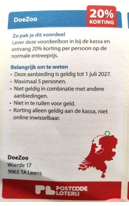 DoeZoo 20% kortingsbon, Drie personen of meer, Kortingskaart