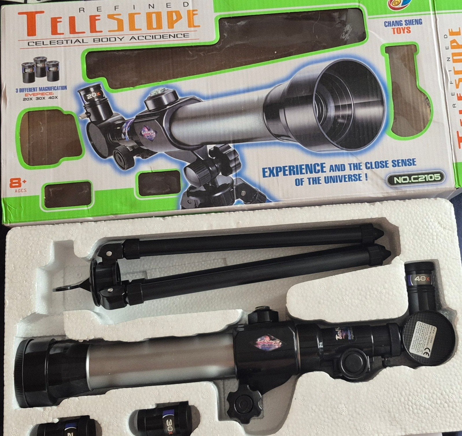 Telescoop met statief en 3 oculairs (20x, 30x, 40x), Lenzentelescoop (refractor), Ophalen of Verzenden, Minder dan 80 mm, Nieuw