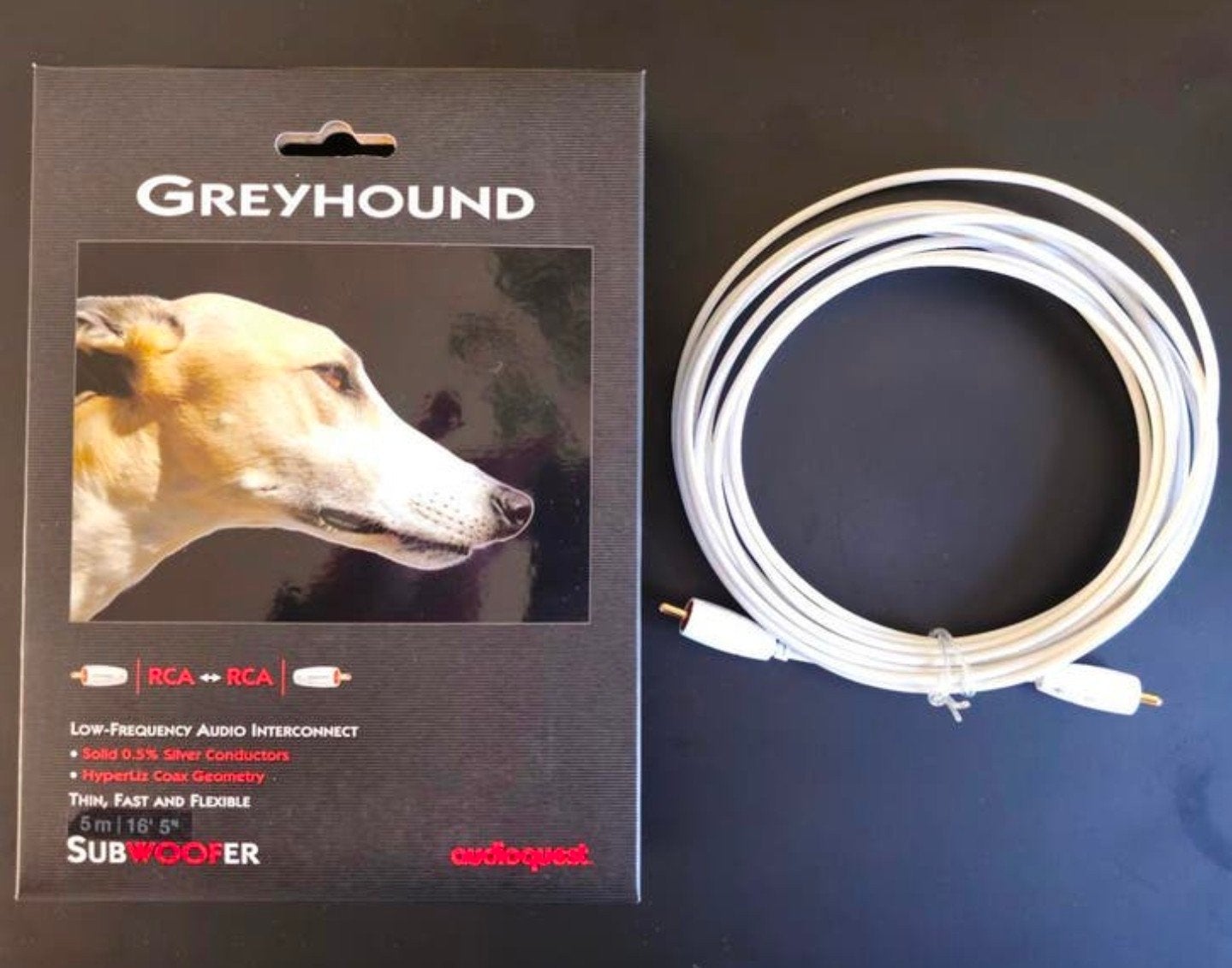 Audioquest Greyhound subwoofer High-End kabels., Ophalen of Verzenden, Nieuw, 2 tot 5 meter, Luidsprekerkabel