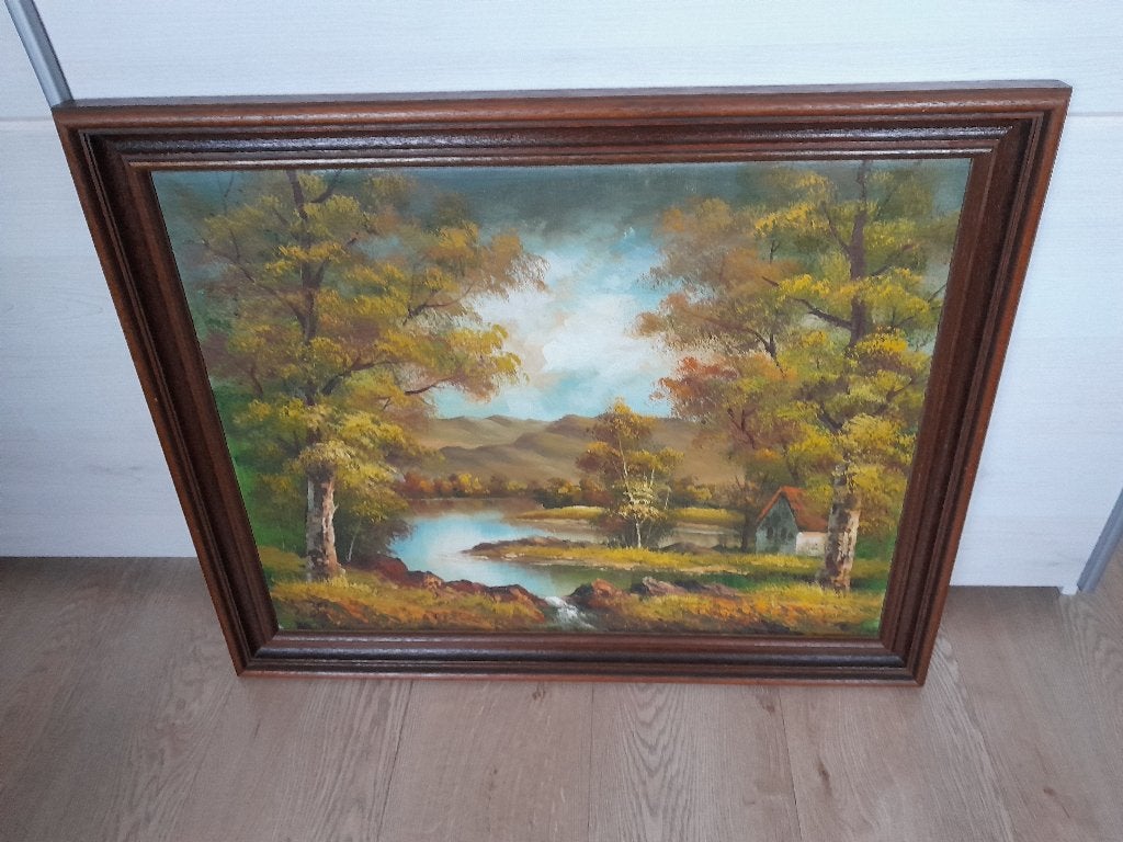 Schilderij Calo: Herfst tafereel met massief eiken lijst., Ophalen, Gesigneerd, Landschap, Doek