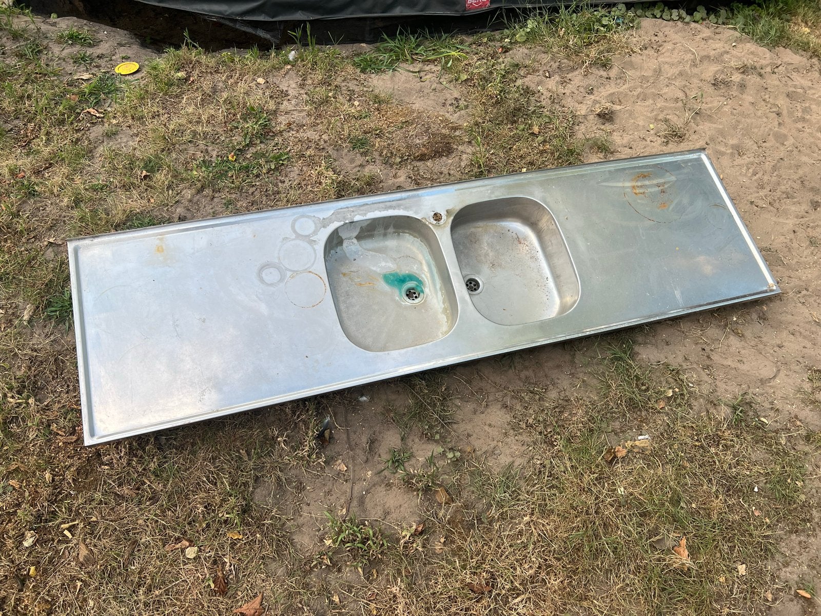 RVS keukenblad met dubbele wasbak - 202x55 cm, Ophalen, Zilver, Metaal, Overige typen