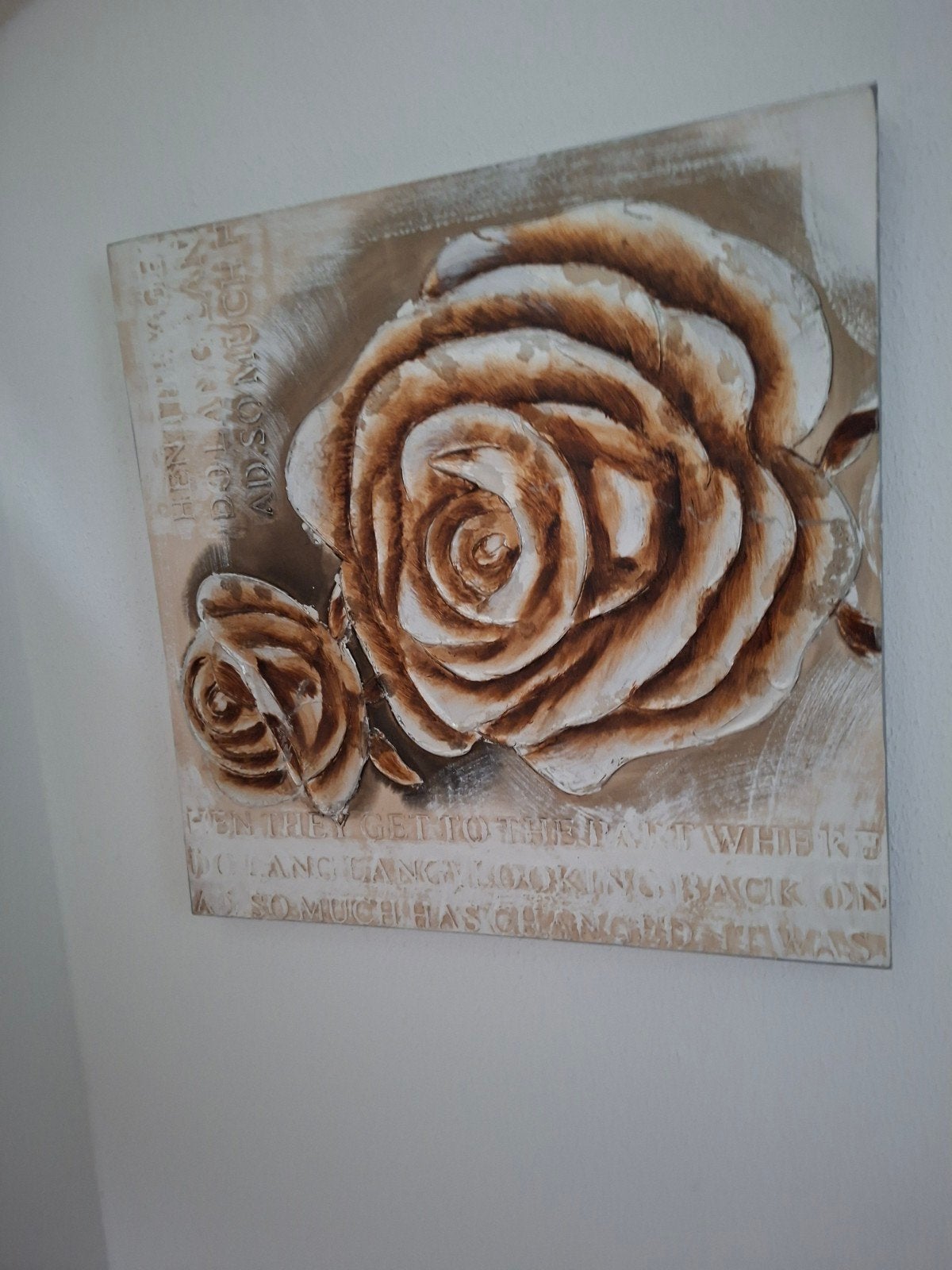 3D Rozen Schilderij met Tekst - Bruin/Wit, Antiek en Kunst, Kunst | Schilderijen | Modern, Bloemen, Gemengde techniek, Overige materialen