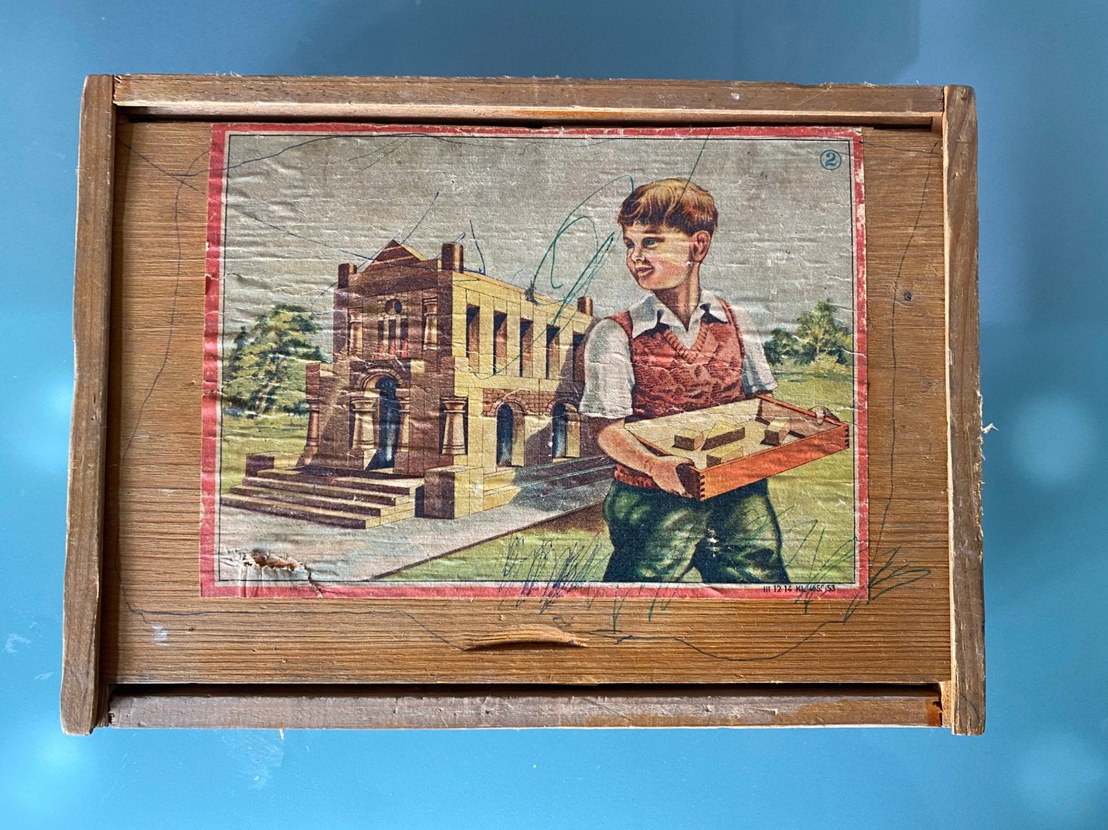 VINTAGE BLOKKENDOOS (25,5x18,5x5,5cm)., Ophalen of Verzenden
