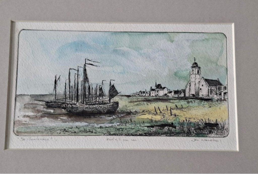 tekening kunstwerk aquarel Boulevard Katwijk - Jan Noordhuis, Antiek en Kunst, Ophalen of Verzenden