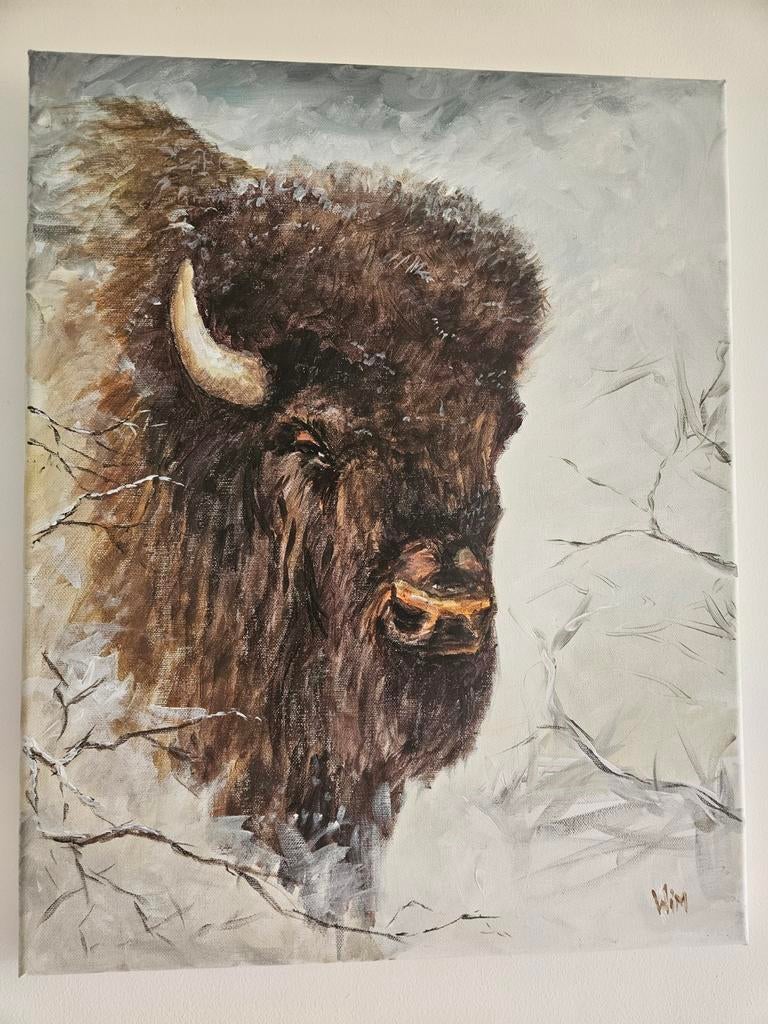 Bizon in de sneeuw - Handgeschilderd schilderij, Ophalen of Verzenden