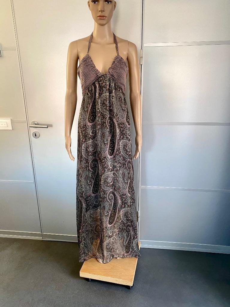 J321 Nieuw: lange zijden maxi-jurk maat 42=L grijs/bruin, Kleding | Dames, Mandarin and Mint, Maat 42/44 (L), Nieuw, Ophalen of Verzenden