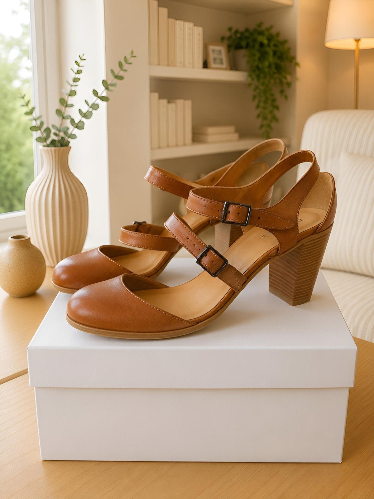 Bruine damespumps met dubbele gesp – Comfortabele hak, Bruin, Elsa, Nieuw, Sandalen of Muiltjes